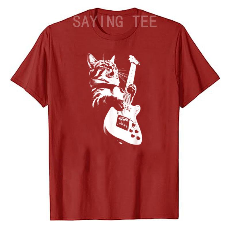 Rock Cat Playing Guitar Funny Guitar Cat TShirt Humorous Kitty Lover Graphic Tee Cute Musical Rock Comics Kitten Outfits Gift S