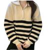 Csíkos Félcipzáros Hajtókás Pulóver Női Őszi és Téli Laza Kötött Pulóver Nőknek