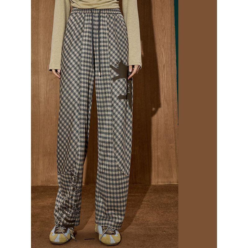 Coolhut British Style Design High-Waisted Spring and Autumn New Plaid Color-Blocking Retro Slimming Wide-Leg Pants Women's Casual Pants