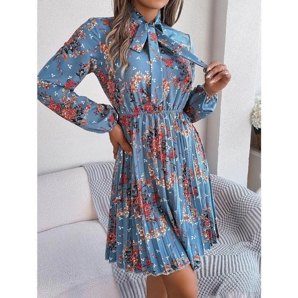 New Elegant Floral Tie Waist Long Sleeve Pleated Skirt Women's Fashion Dresses