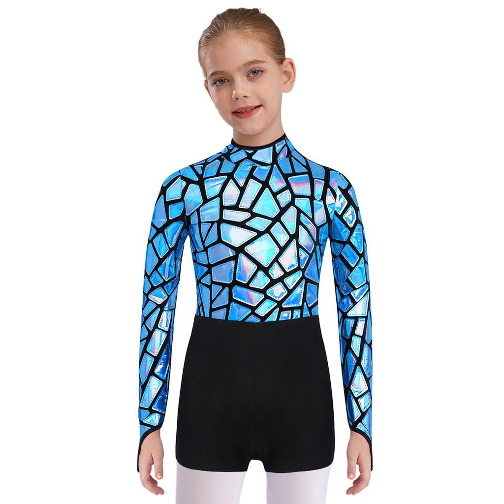 Sparkling Metallic Sequin Jumpsuit for Girls: Mock Neck Long Sleeve Keyhole Back Bodysuit for Gymnastics & Dance Shows