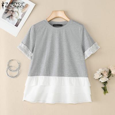 Women Casual Round Neck Loose Patchwork Short Sleeve T-Shirts