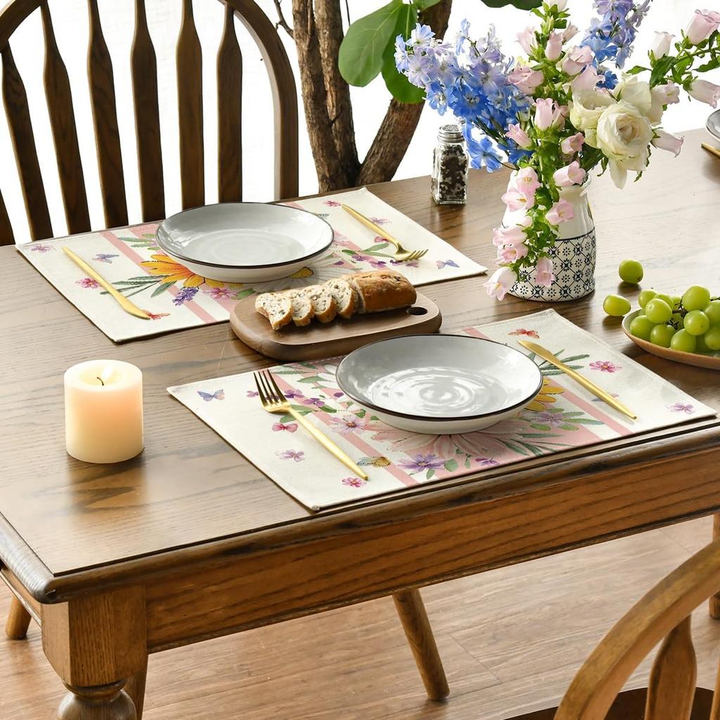 Pink Daisy Leaf Spring Placemats Set of 4, 12x18 Inch Seasonal Summer Holiday Pastoral Table Mats for Party Kitchen Dining Decoration