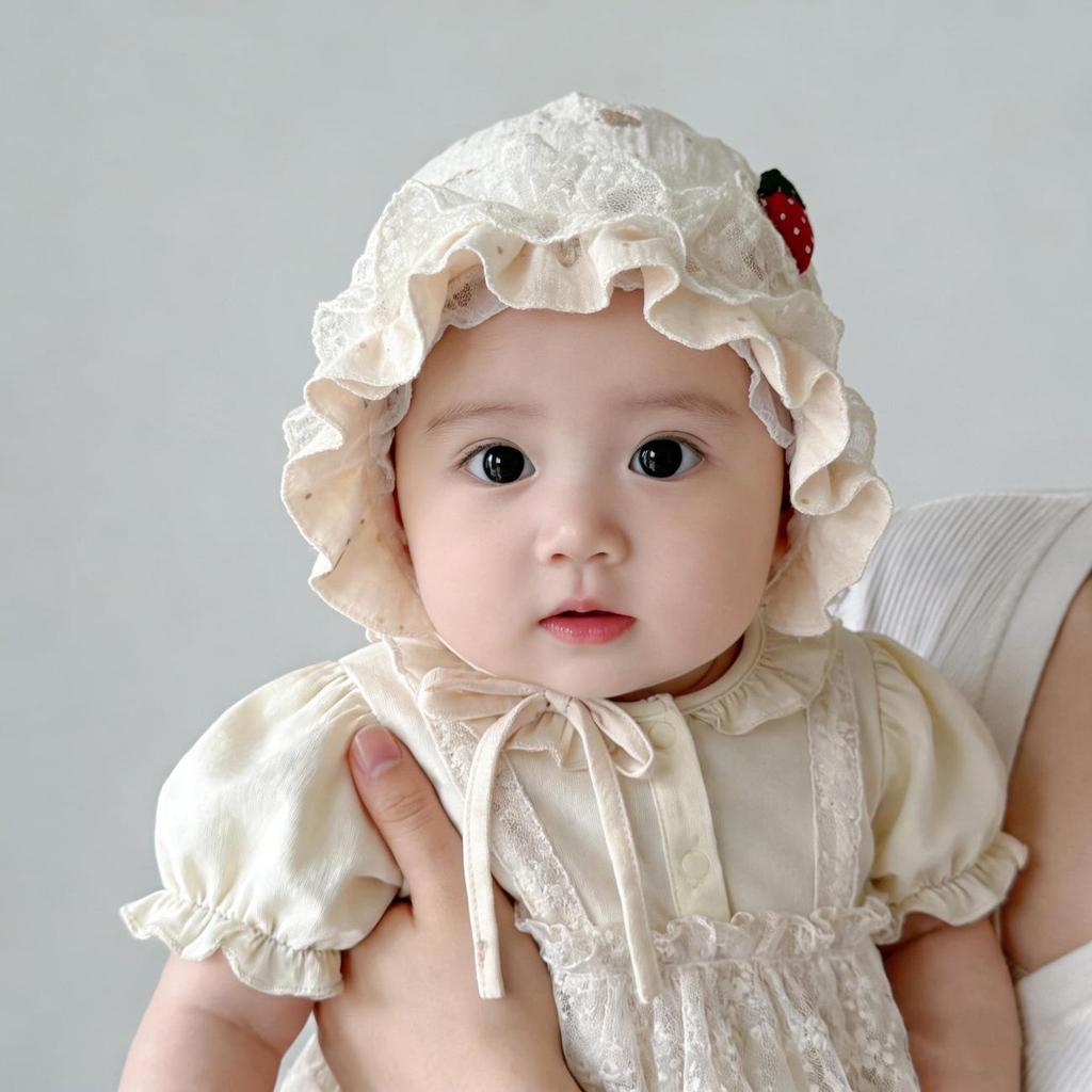 Sweet Strawberry Lace Baby Hat for Girls, Sun Protection Spring/Autumn