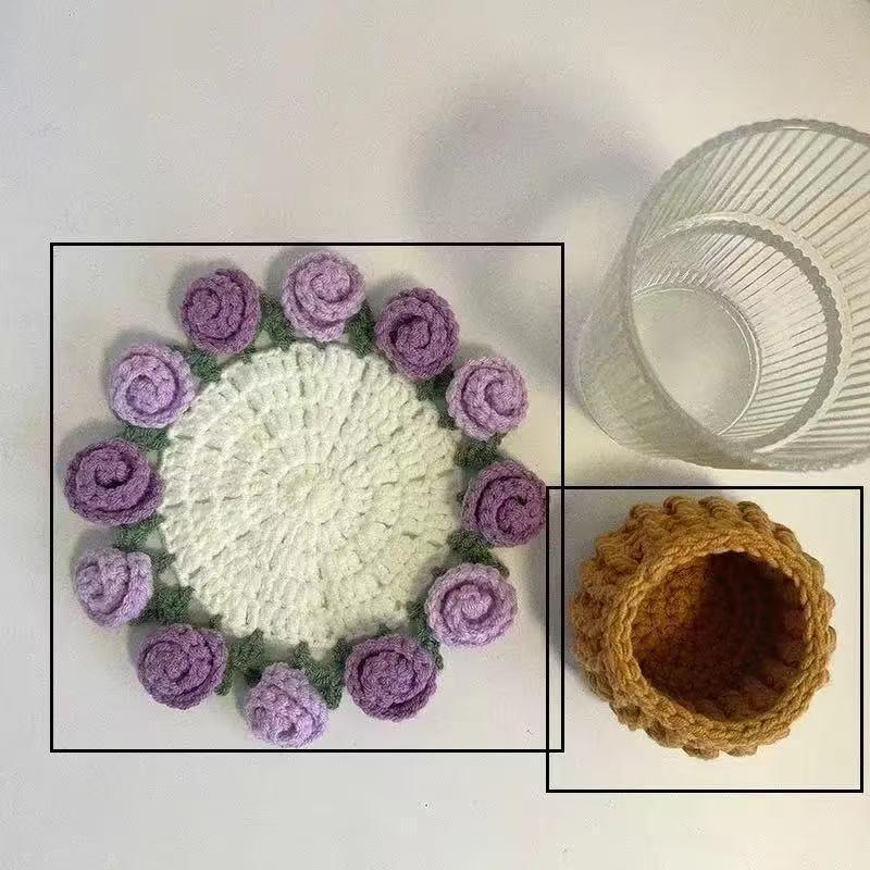 Diy Rose Bouquet Coaster Material Kit Handmade Crochet Flower Placemat Cupmat Home Desktop Potted Plant Ornaments Gift