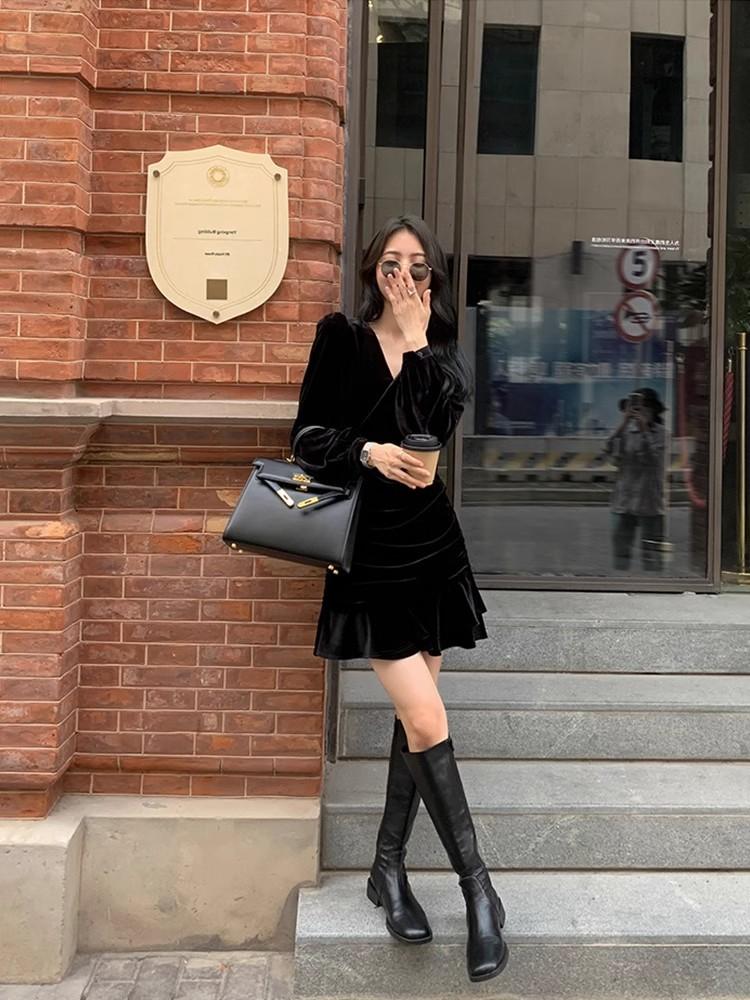 Autumn New Small Dress Small Black Dress French Small Golden Velvet Dress Children Autumn and Winter