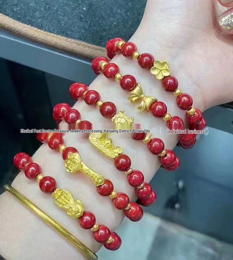 Gold Cinnabar Pixiu Bracelet with Lucky Beads and Curved Tube for Women – 999 Pure Gold DIY Gift