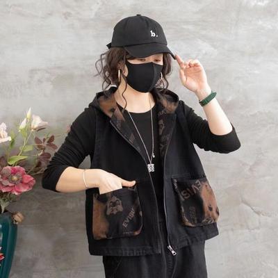 Dámska retro voľná prešívaná bez rukávov krátka džínsová vesta s kapucňou