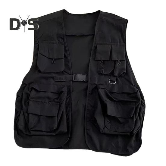 

Жилет унисекс в стиле хип-хоп, уличная одежда, индивидуальный однотонный жилет без рукавов со свободной пряжкой и несколькими карманами, женский и мужской жилет-карго M чёрный