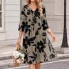 Women's Casual Floral Print V-Neck Three-Quarter Sleeve Dress
