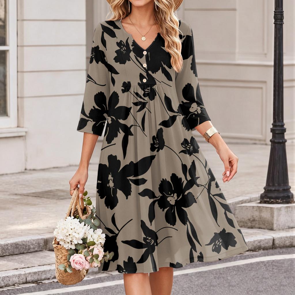 Women's Casual Floral Print V-Neck Three-Quarter Sleeve Dress