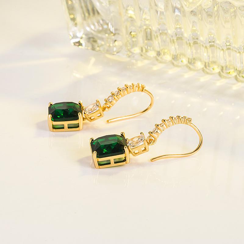 18K Gold Korean Style Square Emerald Zircon Earrings for Women