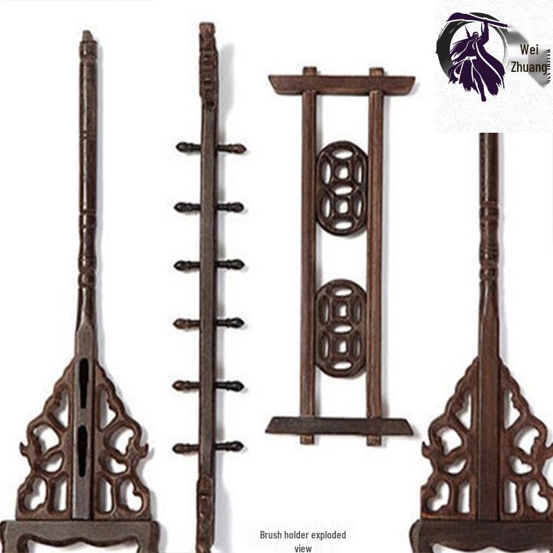 Rosewood Dragon Head Brush Holder for Calligraphy - 6 Hooks, 12 Needles
