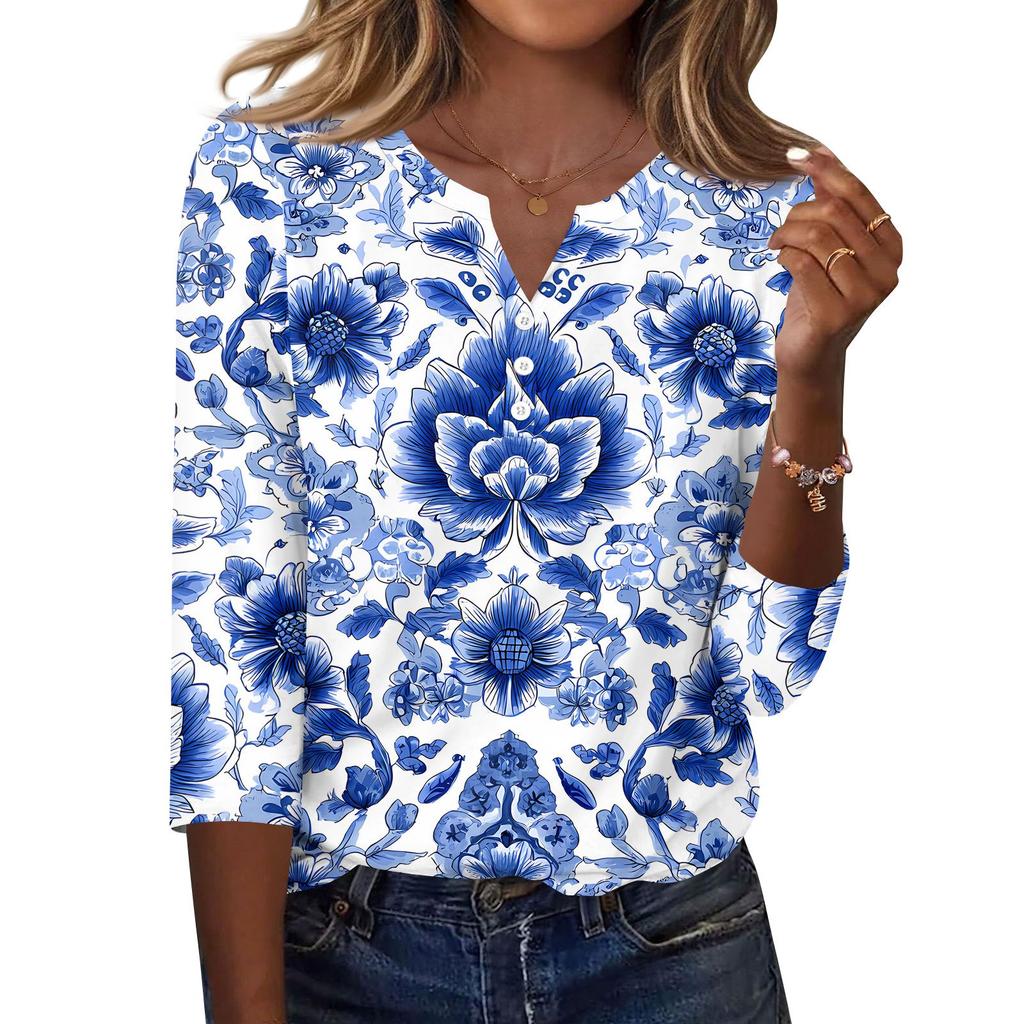 Women's T Shirt Print Button 3/4 Sleeve Daily Weekend Fashion Basic V- Neck Regular Top