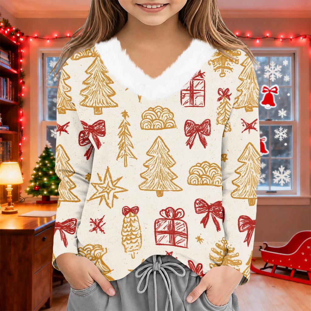 Girls Christmas Shirt Plush V-Neck Printed Winter Base Layer Top for Little Girls