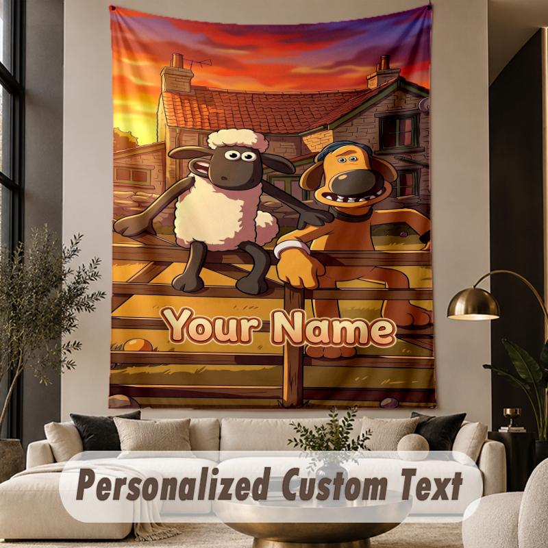 Custom Text Printed Tapestry Shaun the Sheep Pattern Large Wall Hanging Indoor Room Decor