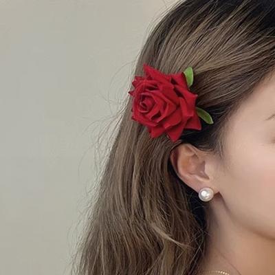 Women Hairpin French Style Artificial Rose Flower Decor Hair Clip Anti-slip Teeth Side Bang Hair Pin Holiday Leisure Hair Accessory