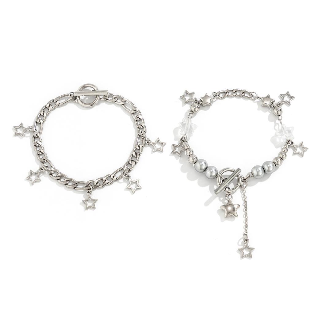 Salircon 2Pcs Trend Y2K Hollow Star Pendant Bracelet Irregular Ball Bead Chain Bracelet Women's Party Hip Hop Jewelry Gif