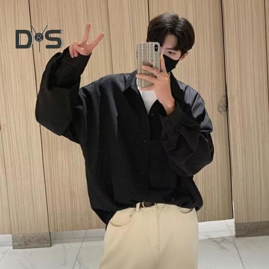 Herren Hemd Locker Einfarbig Umlegekragen Strickjacke Einreihig Herbst Frühling Top Mittellanges Streetwear Hemd