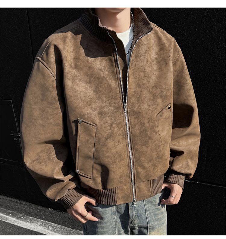 Men's Retro Versatile Stand Collar PU Leather Jacket - Casual and Wear-resistant for Spring and Autumn