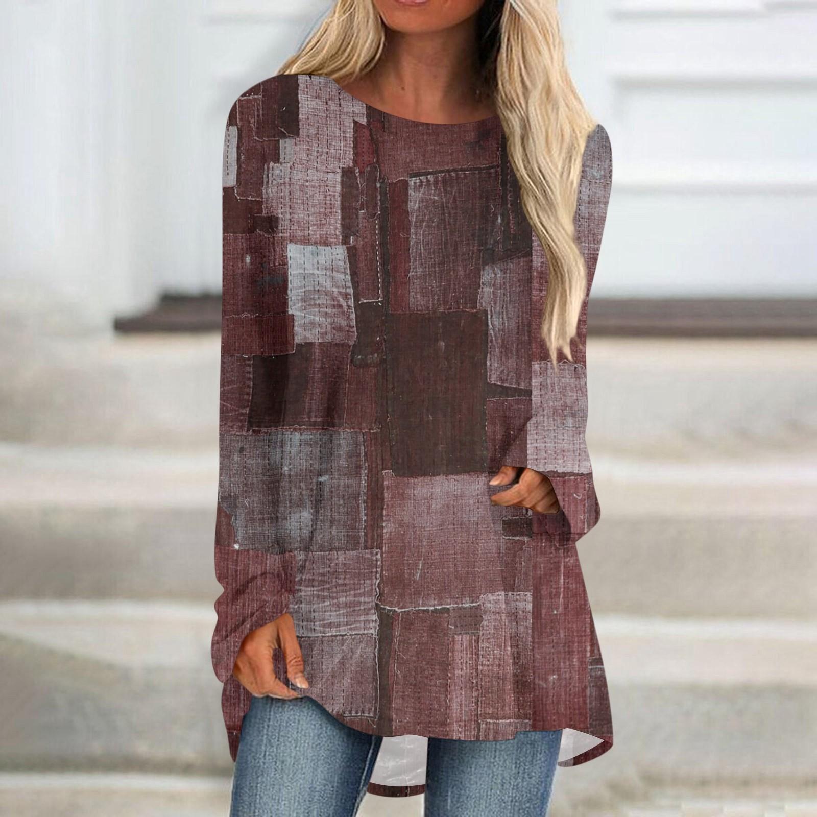 

Женская модная повседневная футболка с принтом, длинный рукав, круглый вырез, средний длинный топ XL винный