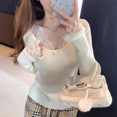 Apricot Lace Long-sleeved Shirt for Women's Autumn Wear Can Be Worn Outside, Slim and Thin, Pure Desire Bottoming Shirt, Knitted Sweater Top