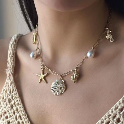 New Trendy Shell Starfish Conch Pendant Necklace for Women Minimalist Imitation Pearl Chain Necklace Summer Beach Party Jewelry