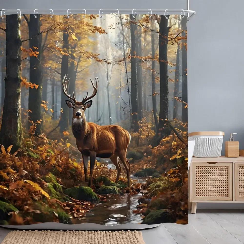 Herbstwald Hirsch Duschvorhang Fluss Sonnenuntergang Rustikale Scheune Thanksgiving Polyesterstoff Badvorhänge Badezimmerdeko mit Haken