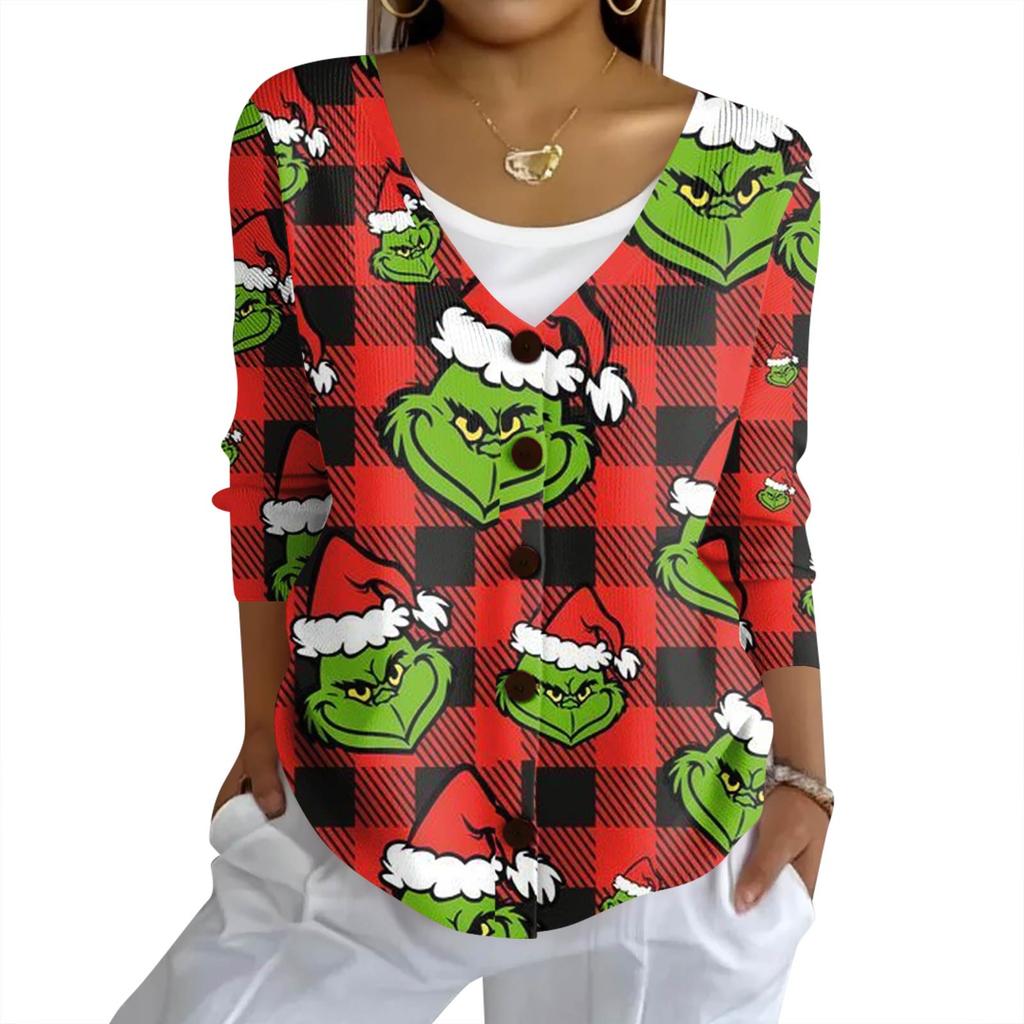 Women's Fashion Casual Knit Sweater Button-Up Christmas Print Cardigan Jacket