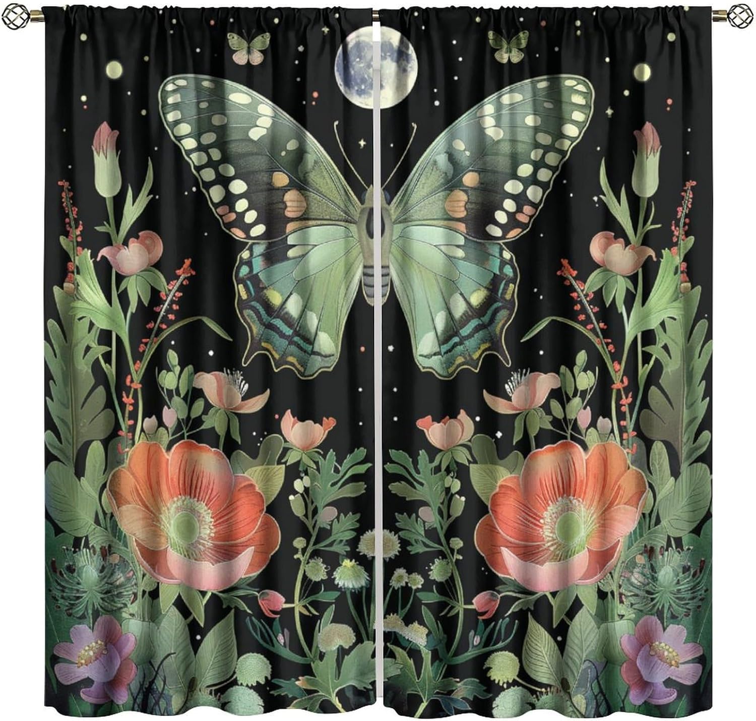 Moth Wildflower Blackout Curtains   Rustic Farmhouse Bohemian Natural Butterfly Floral Moon Window Drapes   for Bedroom Living Roo 100*130 Rod Pocket 1pcs