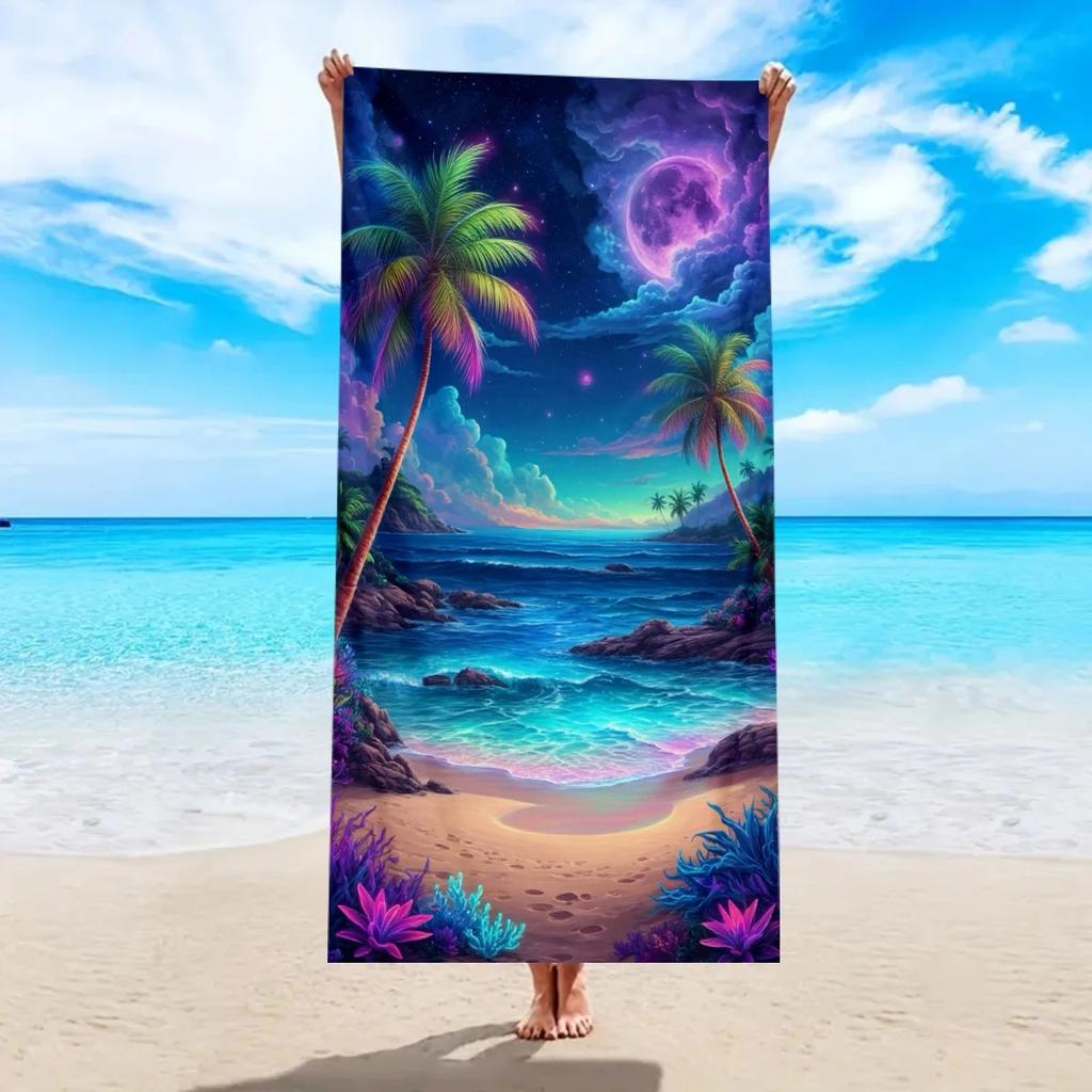 Dreamy Galaxy 2D Flat Printed Peach Skin Beach Towel Starry Night Palm Tree Bath Towel Summer Seaside Vacation Sand Free Blanket