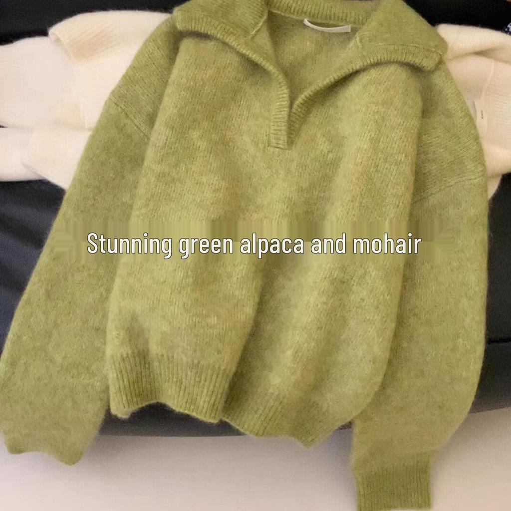 Must-Have Retro Green Mohair Sweater for Women - Relaxed Fit, Big Lapel, Versatile Knitwear
