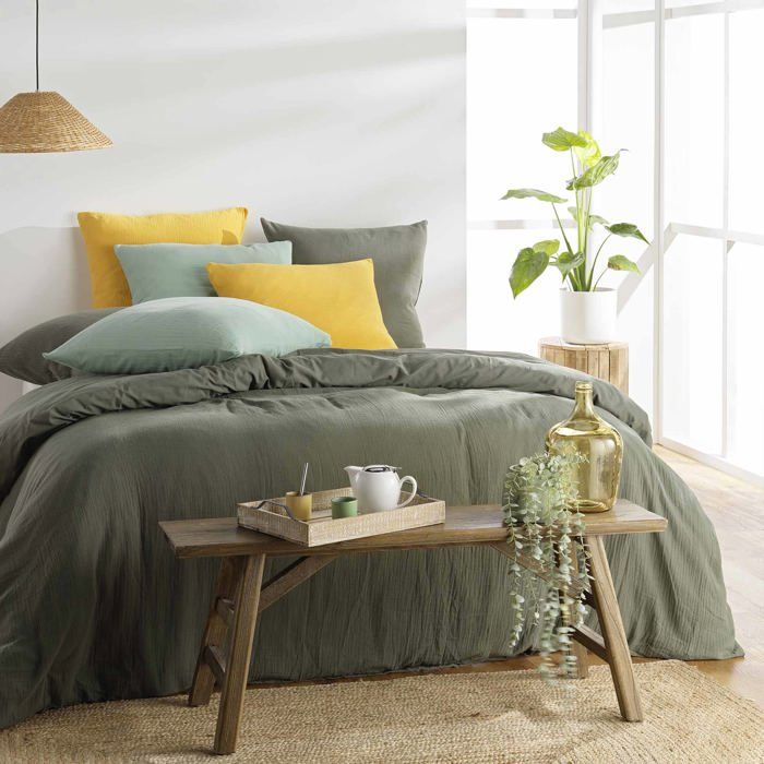 Parure de lit - Housse de couette 220x240 cm - 2 taies 63x63 cm - Gaze de coton - Kaki