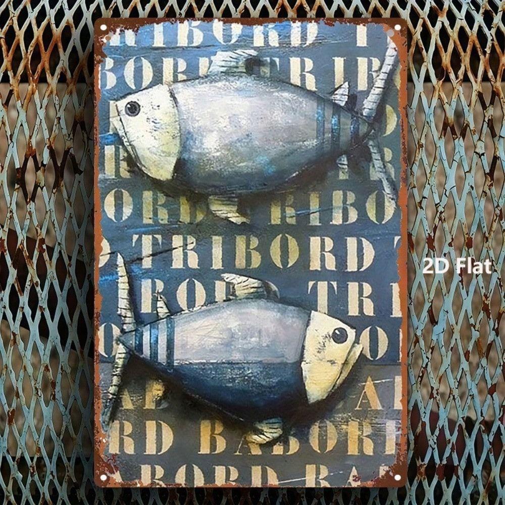 Blue Fish 2D Metal Wall Art Poster Bar Decor