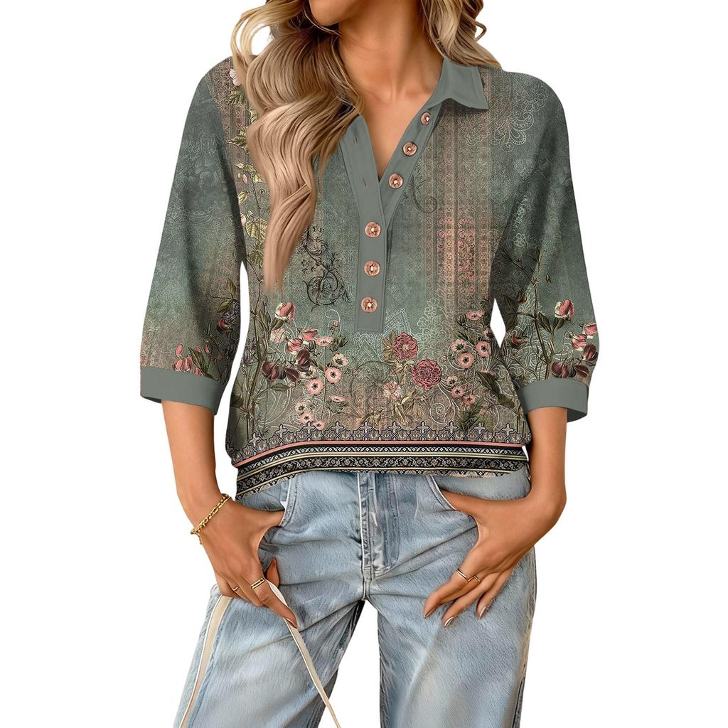 Damen modisches und lässiges Sommer V-Ausschnitt Patchwork Dreiviertelarm Retro Oberteil