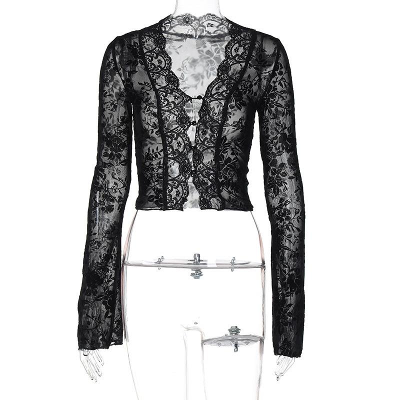 Women s Summer New Fashion Printing Sexy Mesh Lace Cardigan Shirt S чёрный