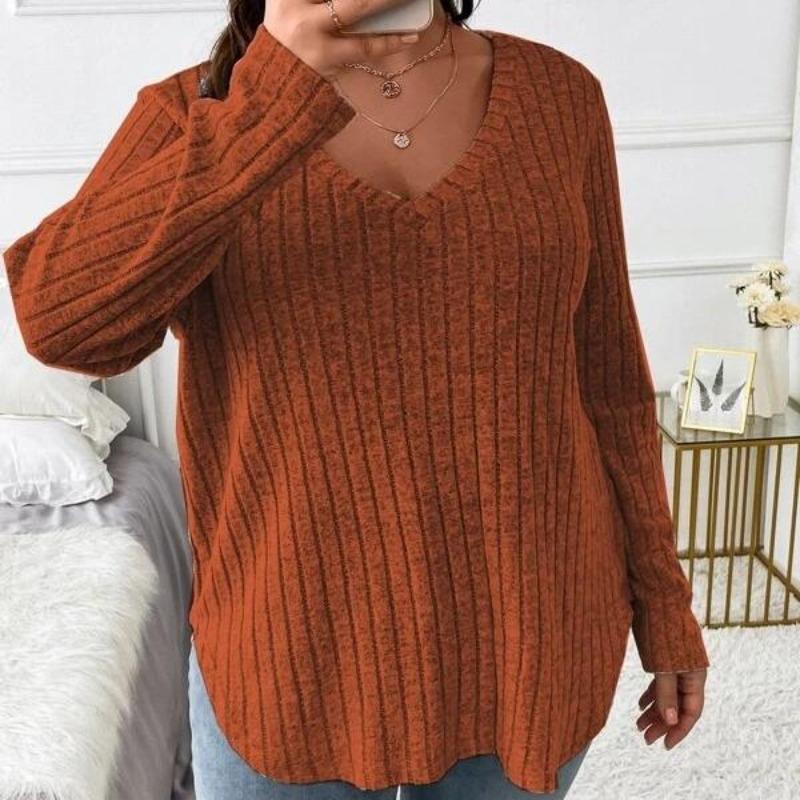 EastRogue Women's Fashion Casual Solid Color Print Autumn Winter Long Sleeve V-Neck Loose Frosted T-shirt with Pit Stripes Sweaters