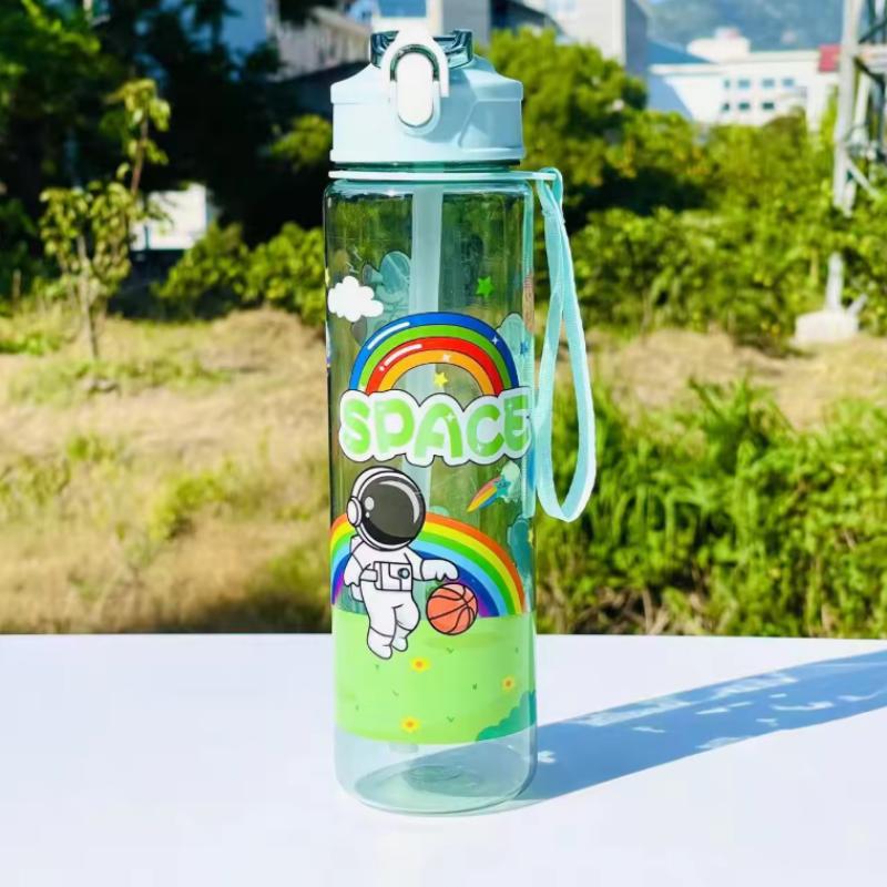 Creative and personalized pattern space cup, high appearance level cartoon plastic cup, portable drawstring with straw, sports