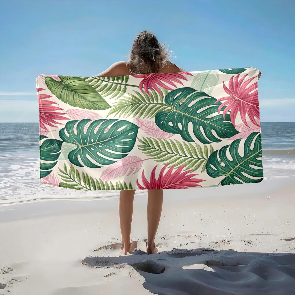 1pc Tropical Leaf Patterns and Exotic Nature Design 2D Printed Microfiber Beach Towel, quick dry super absorbent. Great for