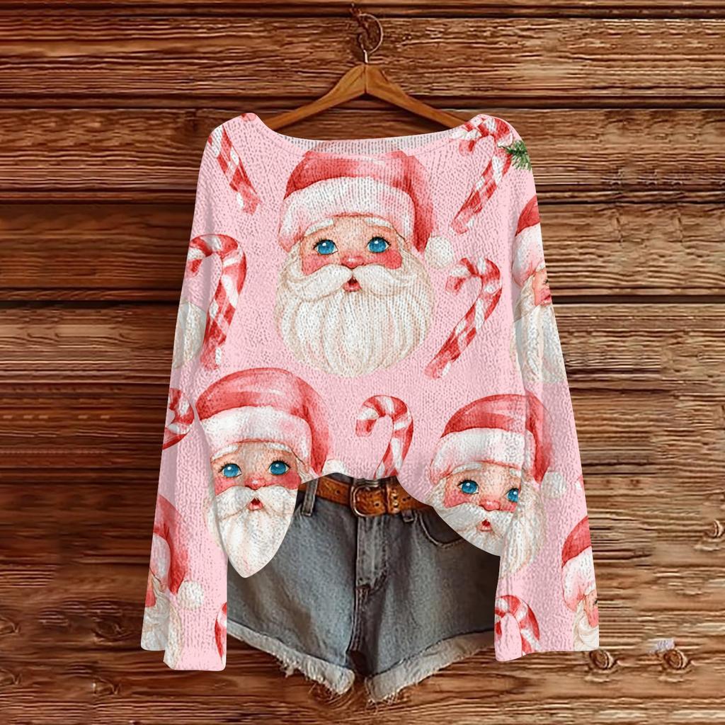Women's Christmas Print Lightweight Sweater Long Sleeve Casual Knit Pullover Top for Holiday