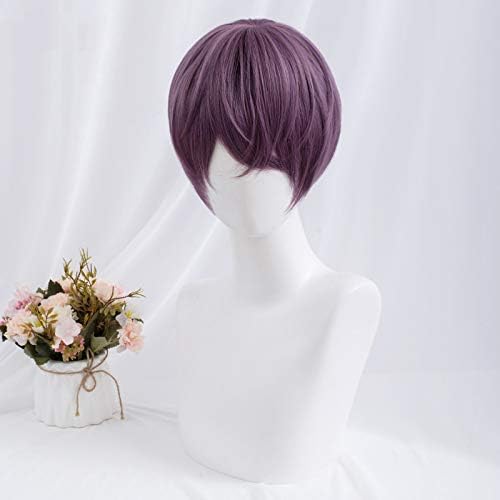 Harajuku-style purple short wig, semi-long, men's, fashionable, with net, natural look, unisex