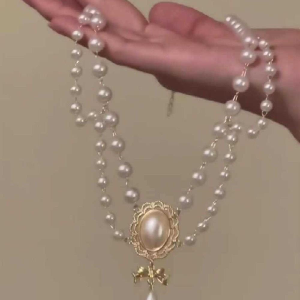 Bowknot Pendant Imitation Pearl Necklace Palace Style Bridal Jewelry Accessories  Gift S