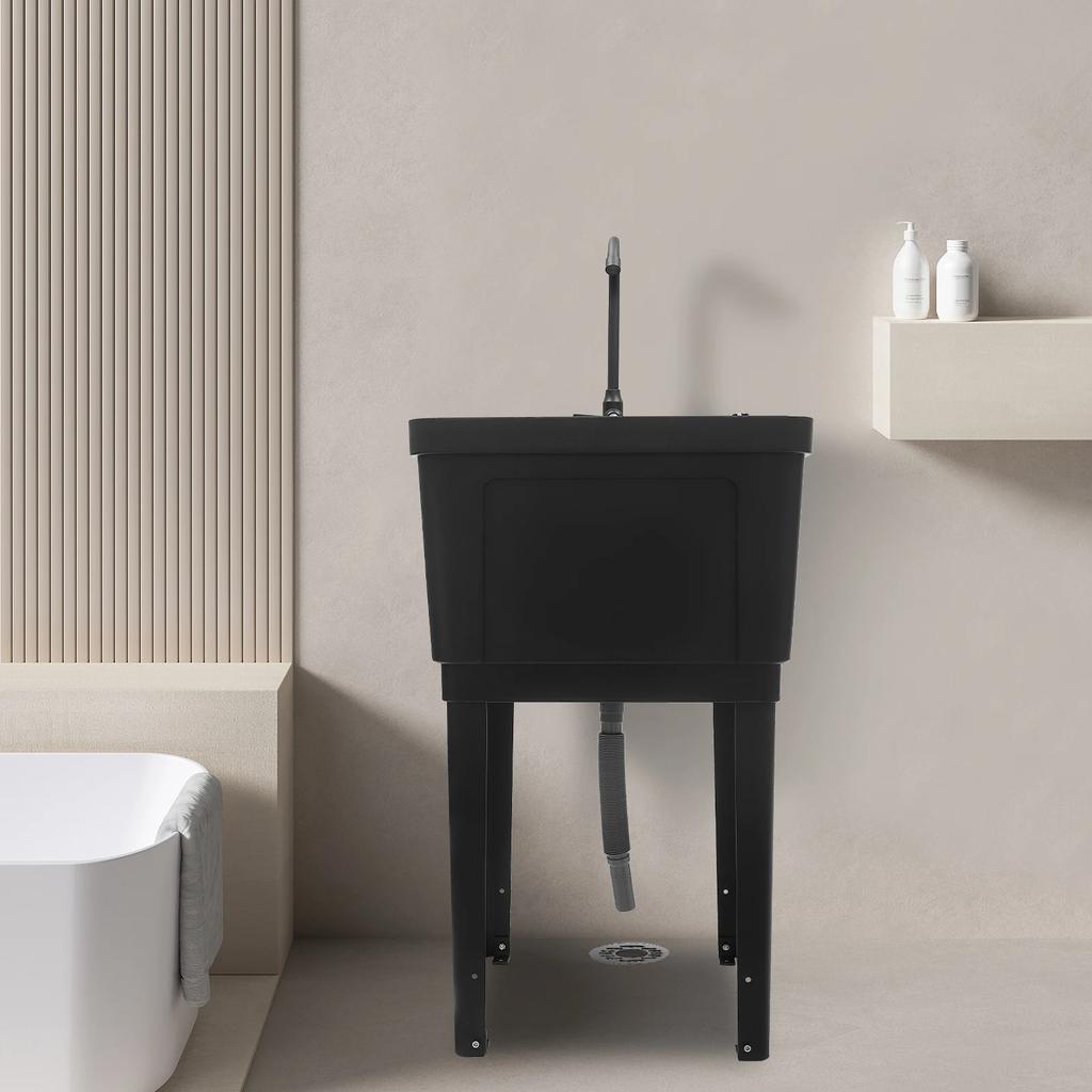 Black Freestanding Laundry Utility Sink with Rotatable 360° Faucet & Soap Dispenser, Modern Rectangular Tub for Laundry Room