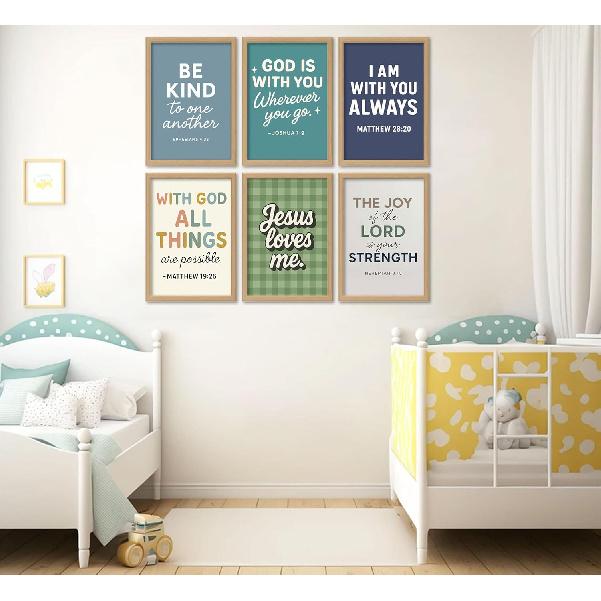 6Pcs Christian Themed Wall Art Boys Room Pictures Wall Decor Kids Bible Verse Posters Prints Artwork for Living Room Bedroom Nursery Home Decoration
