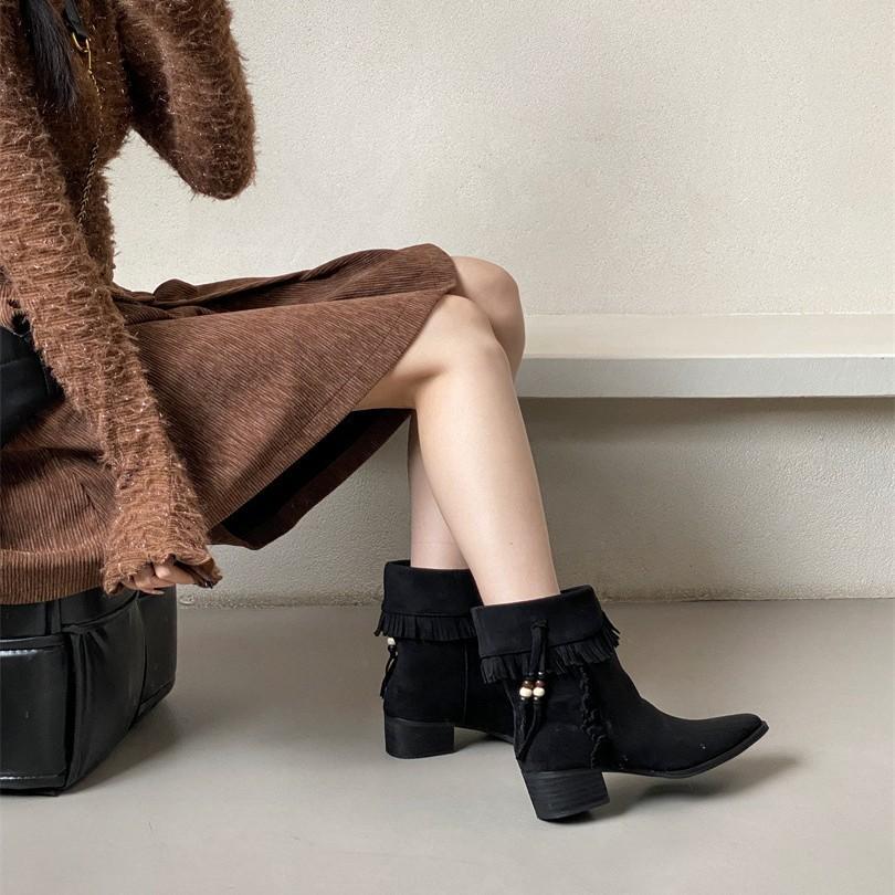 2025 new retro pointed western cowboy boots women's autumn thick heel short tube thin Martin boots women