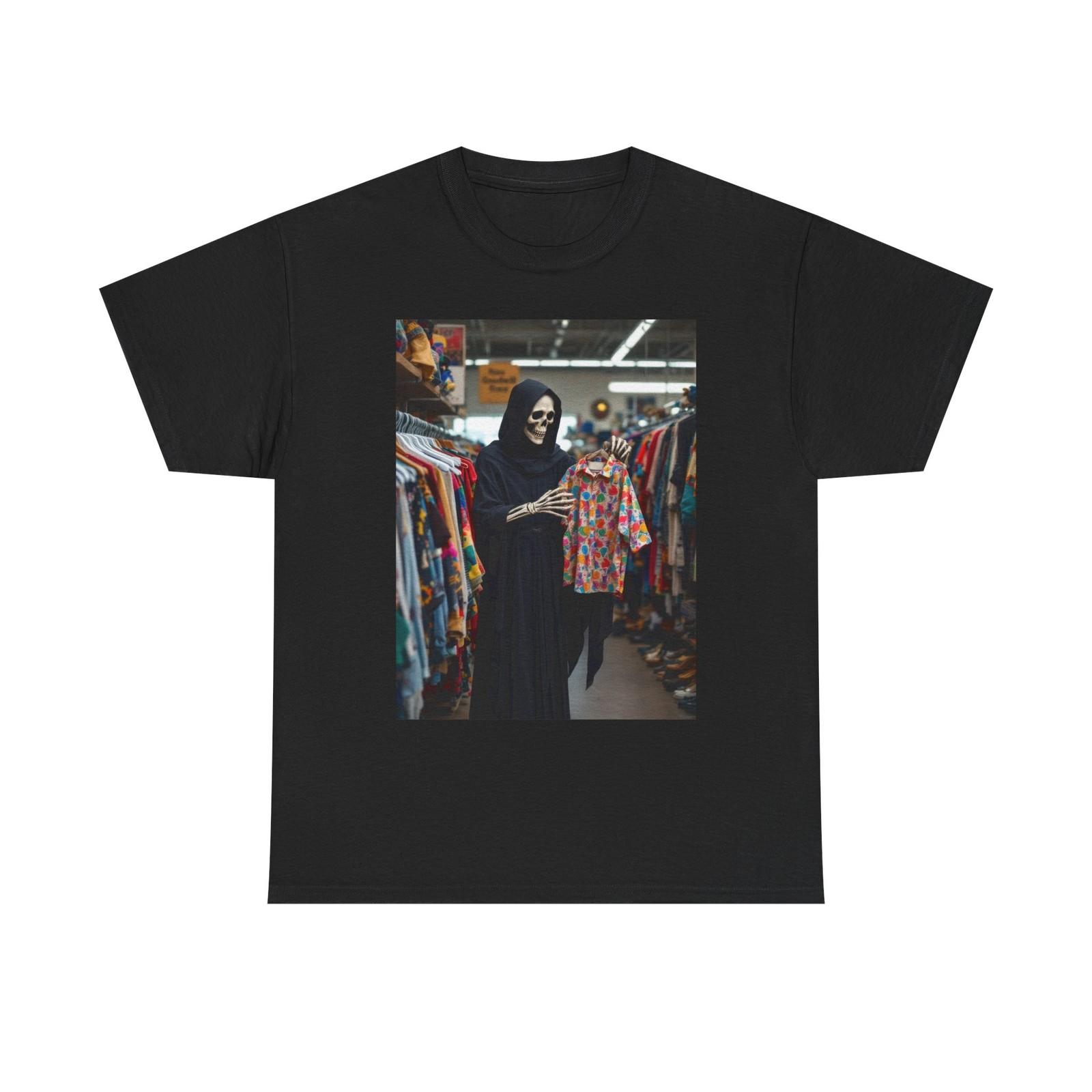 The Grim Reaper Goes Thrift Shopping T-Shirt Funny Dark Humor Tee Macabre Quirky 2XL