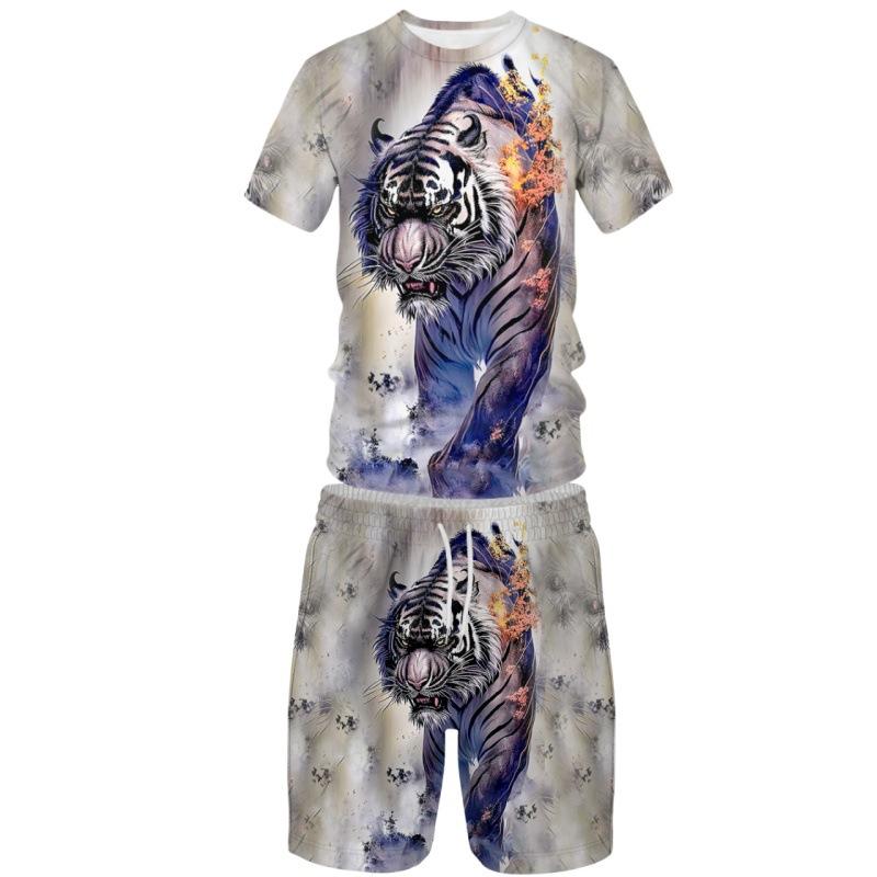 

Summer 3D Personalized Tiger Picture Quick Drying Breathable Ice Silk Five Point Shorts Short Sleeve T-shirt Set 6XL