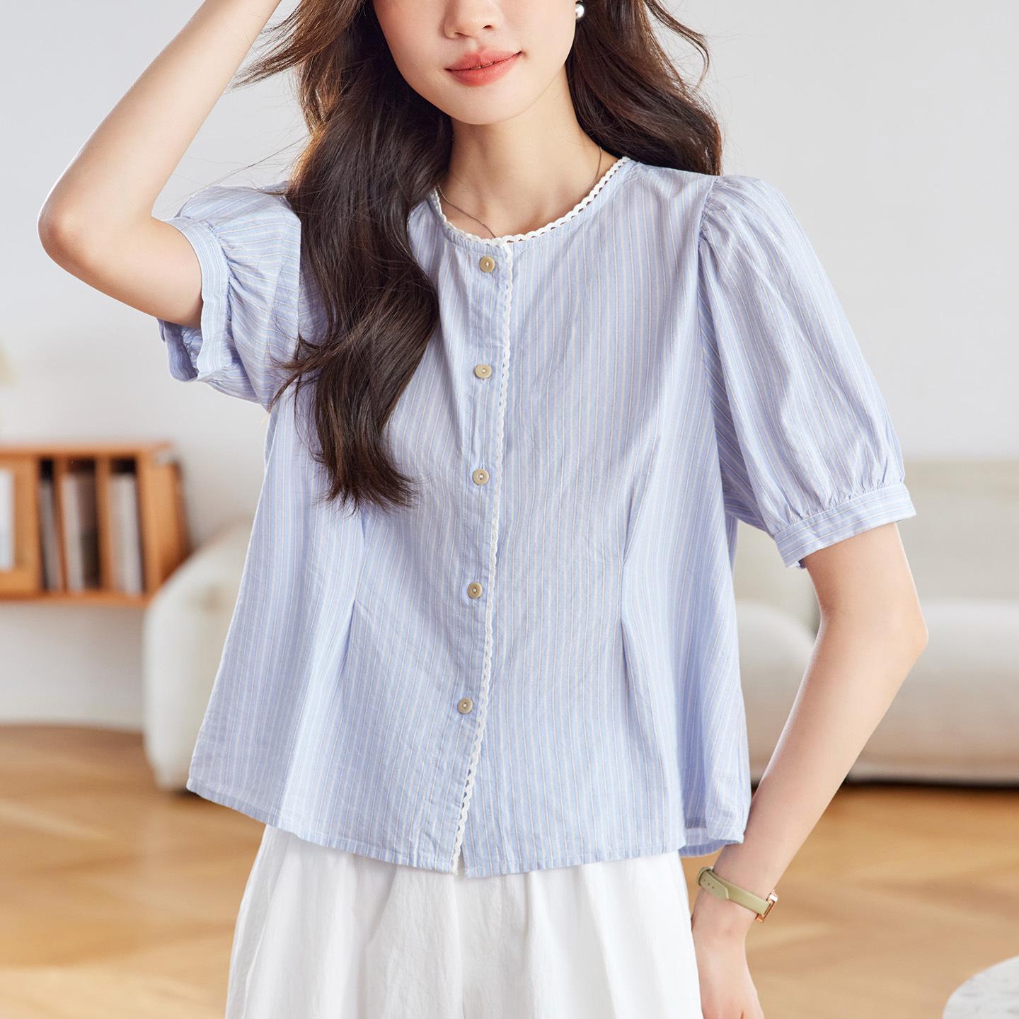 Women s 2026 Summer Cotton Cocoon H-Line Short-Sleeve Top - Blue & White Striped, Waist-Cinched, Pleated Large