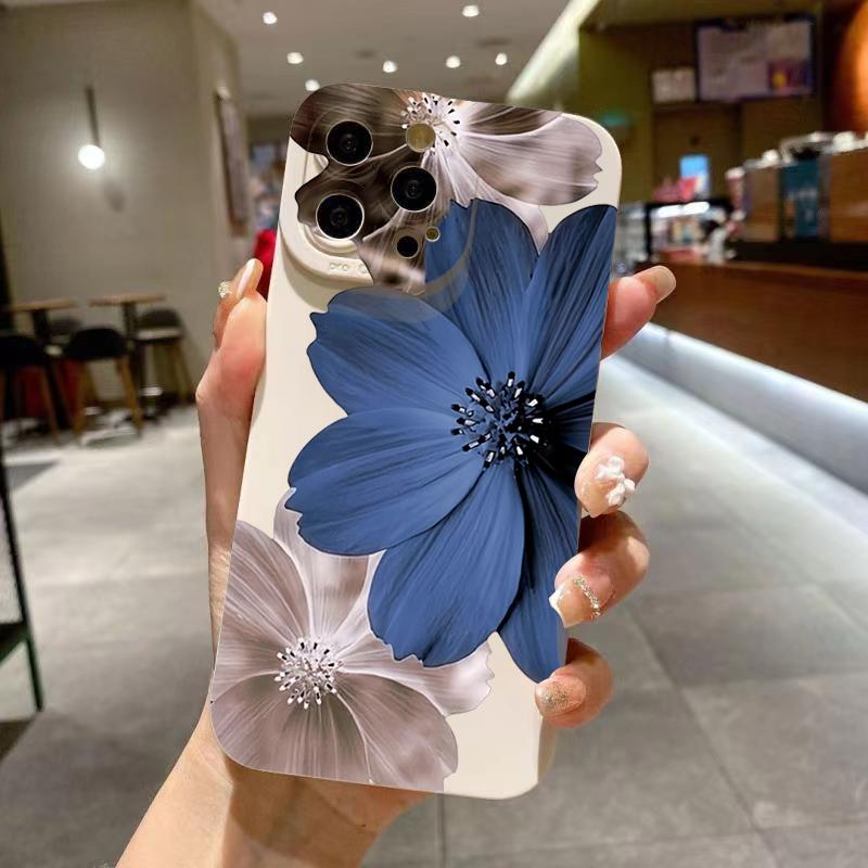 For iPhone 16 15 14 13 12 11 Pro Max Shockproof Blue Floral Pattern Phone Cover For iPhone XS XR 7 8 Plus 16 Soft Silicone Case