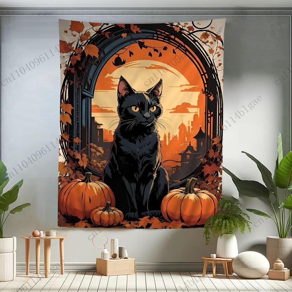 

Halloween Black Cat Tapestry Autumn Whimsy Room Decor Eerie Halloween Night Wall Decor Halloween Theme Party Decoration 74x94cm(29x37in)